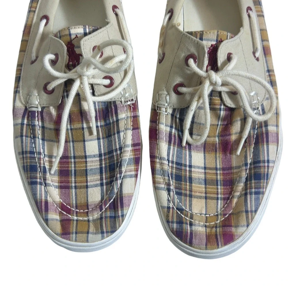 Polo Ralph Lauren Plaid Canvas Boat Shoes Multicolor Preppy Loafers Size 13D